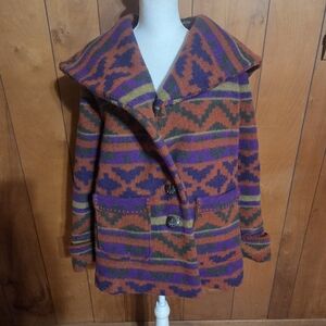 Womens VTG Aztec southwestern navajo blanket coat Jacket Wrap Toggle S Oversized